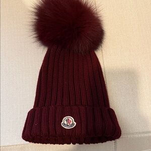Moncler Deep Red Knit Beanie with Pom